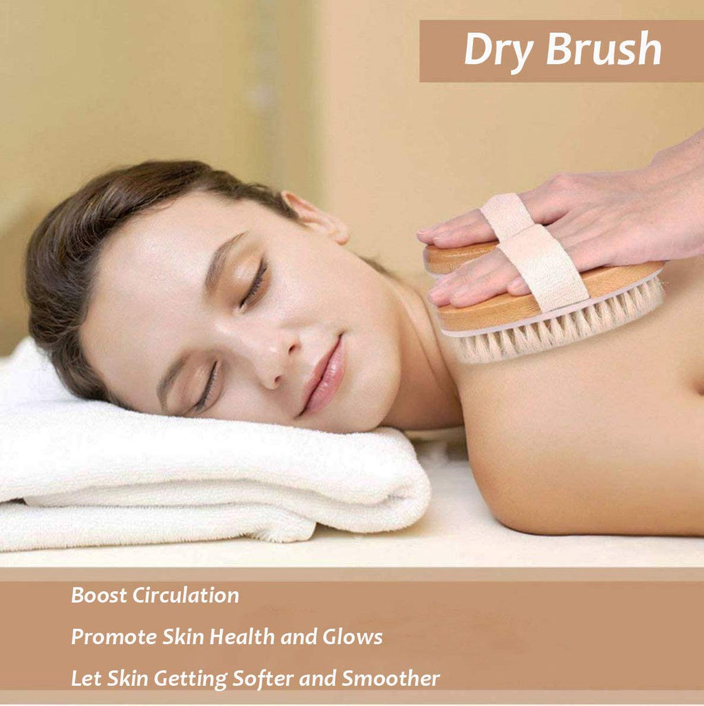 TEMEAYE Dry Brushing Body Brush, Wooden Handle, Natural Bristles, 2Pcs-Set