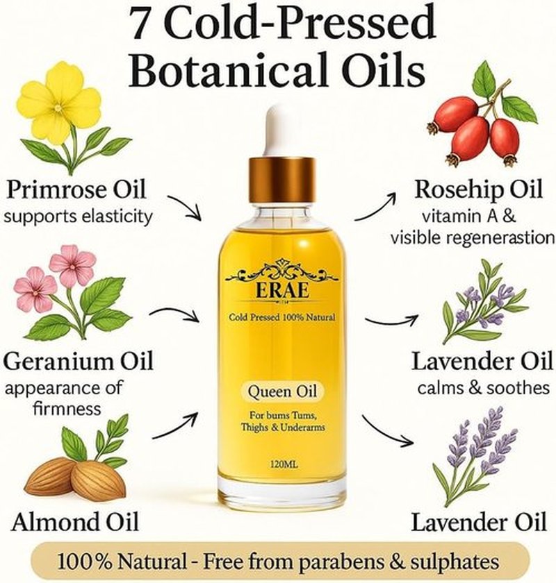 ERAE Queen Body Oil – Cold Pressed Botanical Blend for Hydrating & Firm-Looking Skin, Lightweight Fast-Absorbing Body Moisturizing Oil for Arms, Legs & Stomach
