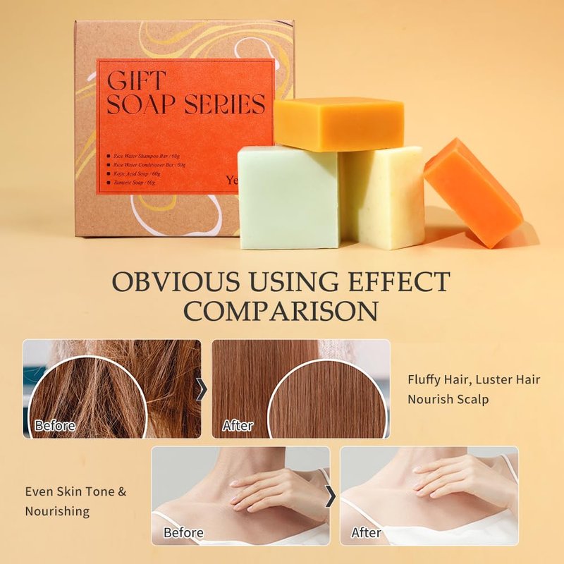 Yeokoe Turmeric Soap Bar & Rice Water Shampoo Conditioner Set - Deep Cleansing, Spa Gift for Women
