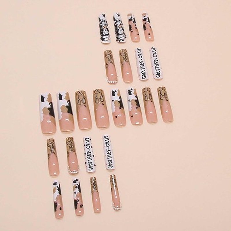 Rilafuvu XXL Press on Nails Extra Long Fake Nails Ombre Cow color Nails press ons Glue on Nail Acrylic Nail Glossy Coffin False Nails for Women 24Pcs (cowboy long square nails)