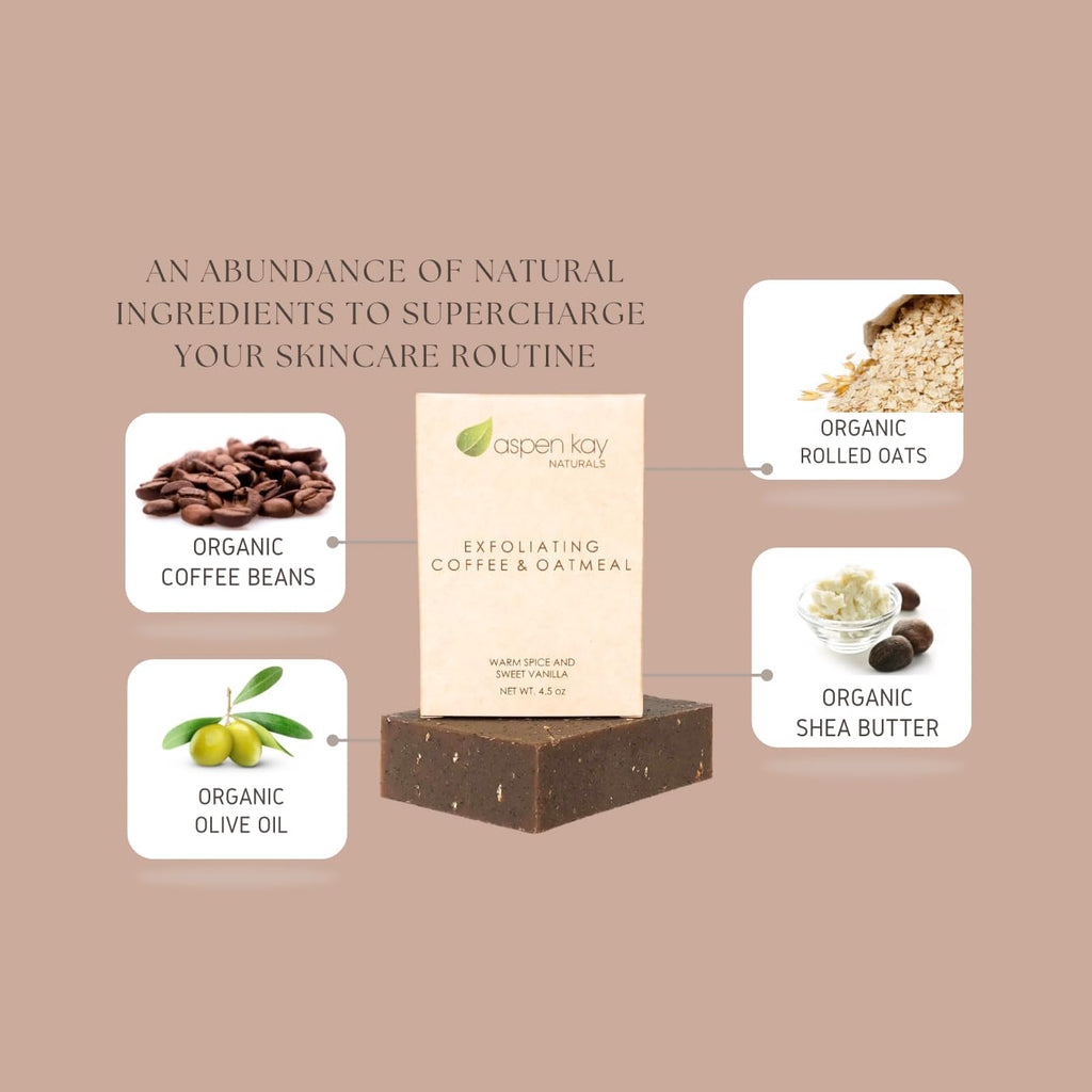 Aspen Kay Naturals Coffee & Oatmeal Exfoliating Soap, Natural and Organic Coffee Scrub. With Organic Shea Butter & Pure Essential Oils. A Wonderful Oatmeal Soap, For Men & Women. (3 pack)