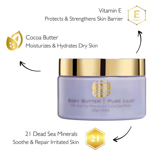 KEDMA Pure Lilac Body Butter – Nourishing Dead Sea Minerals Body Cream with Cocoa Butter, Rice Bran Oil & Vitamin E – Hydrating Moisturizer for Dry Skin - 8.8 oz