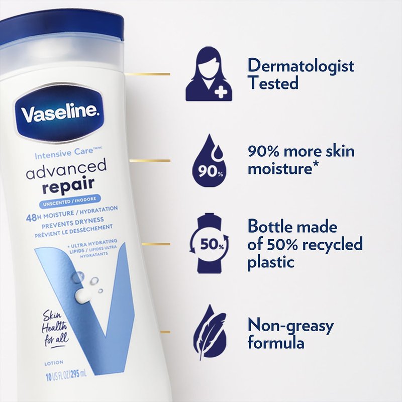 Vaseline Intensive Care Lotion, Unscented, Advanced Repair – Non-Greasy Moisturizer for Extremely Dry Skin + Professional Lip Therapy Tube