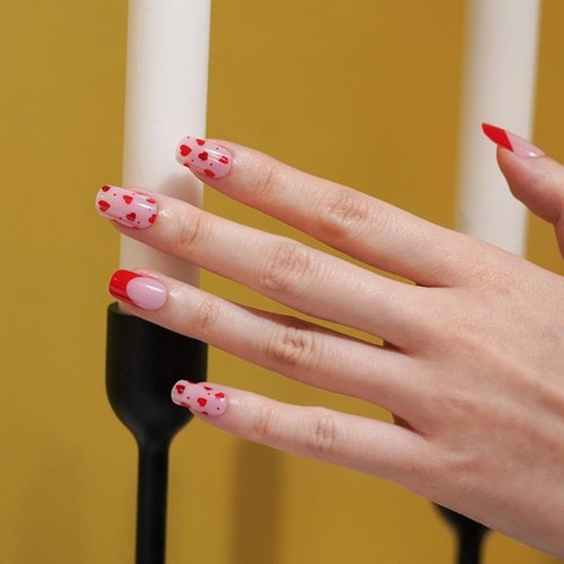 Sevgob Semi Cured Gel Nail Strips (Red Love), French Heart, 20 Pcs Gel Nail Wraps, Stickers, UV Light Required, Salon Quality, Long Lasting, Valentines Day Gift for Women Girls DIY Manicure