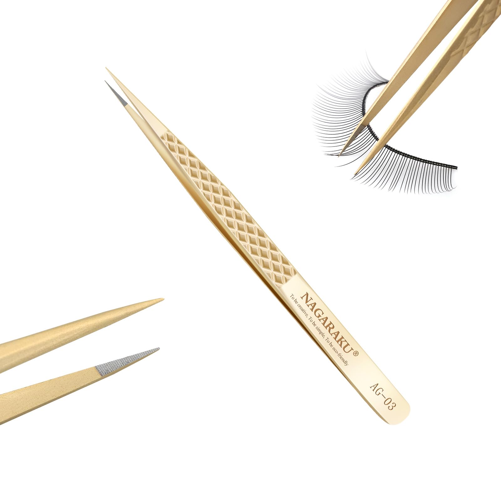 NAGARAKU Eyelash Tweezers, Precision Fiber Tip Tweezer for Eyelash Extensions Diamond Grip Anti-Static Anti-Slip Premium Gold Stainless Steel Pointed Lash Tweezers -Straight Tip Classic Tweezer AG-03