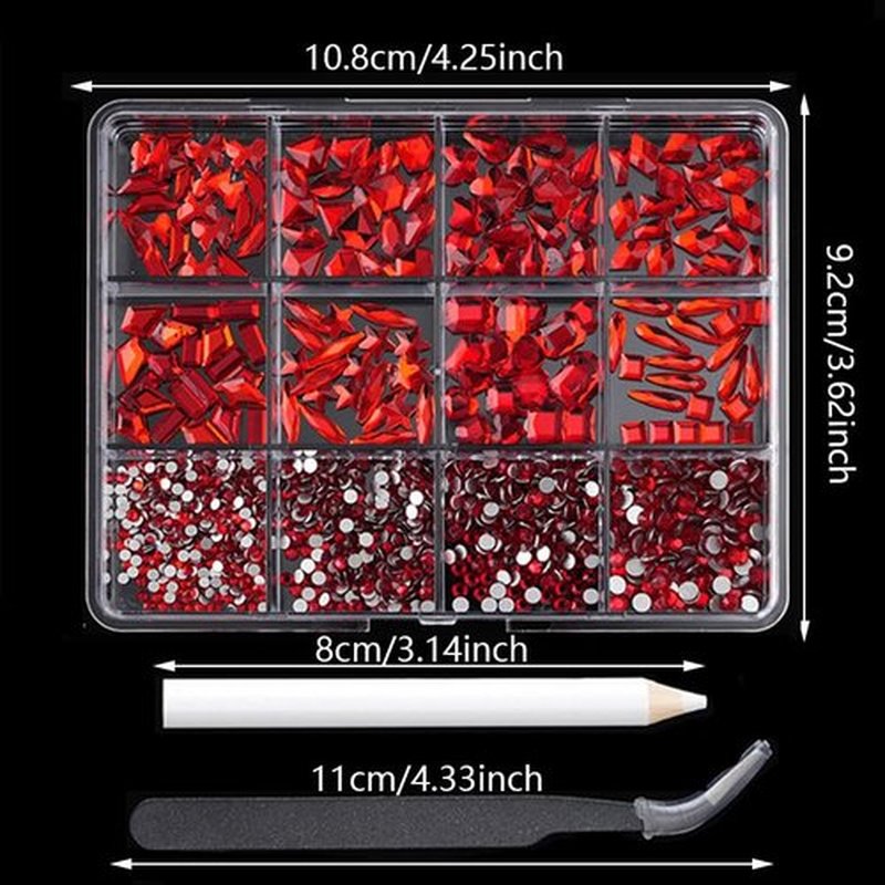 Nail Diamonds Rhinestones Flatback 12-slot box Bright red Mixed Nail Art Studs Gems with 1 Tweezer and Pen,Nail Art Charms, DIY for Phone Case, Cup, Hair Accessories. (Bright red)