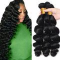 LadrXadr Human Hair Bundles Loose Wave Bundles 22 24 26 inch #1B Loose Body Wave Bundle Natural Black Bundle