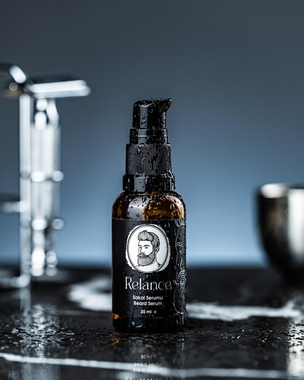 Relance Premium Beard Serum, Black and Amber Glass Bottle, 30ml