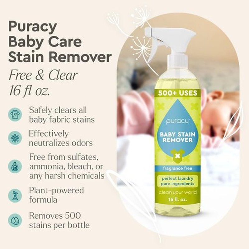 Puracy Stain Remover - Enzyme-Based Laundry Spray for Baby Clothes & Diapers | Natural Spot & Odor Cleaner, 16 Oz