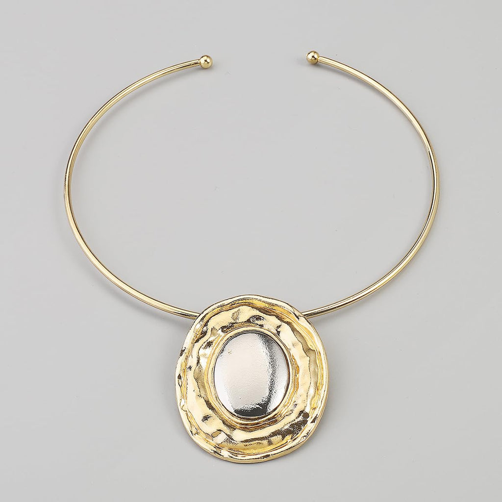 Fashion Chunky Statement Necklaces - African Choker Necklace with Gold Oval Pendant,Tribal Collar Necklace Hammered Metal Jewelry for Women (Gold)