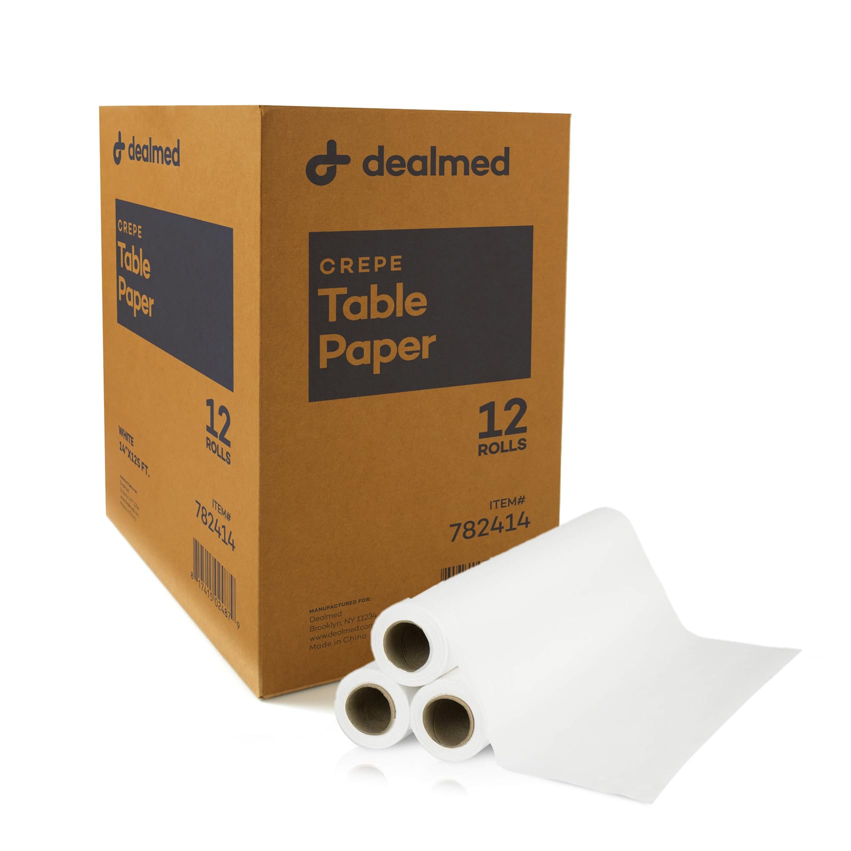 Dealmed Medical Exam Table Paper Roll | Disposable Covers for Doctors, Physicians, Diaper Changing, Waxing, Chiropractor, Tracing, Drawing, Coloring | Crepe, White, 14" x 125', 12 Rolls/Case