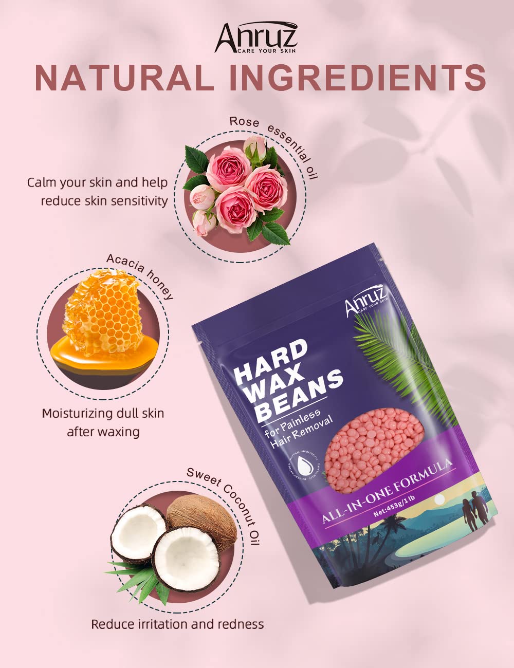 Anruz Hard Pink Wax Beads (1lb) - Professional Hair Removal for Brazilian Bikini, Legs, Underarms, Chest - Home Waxing for Any Warmer