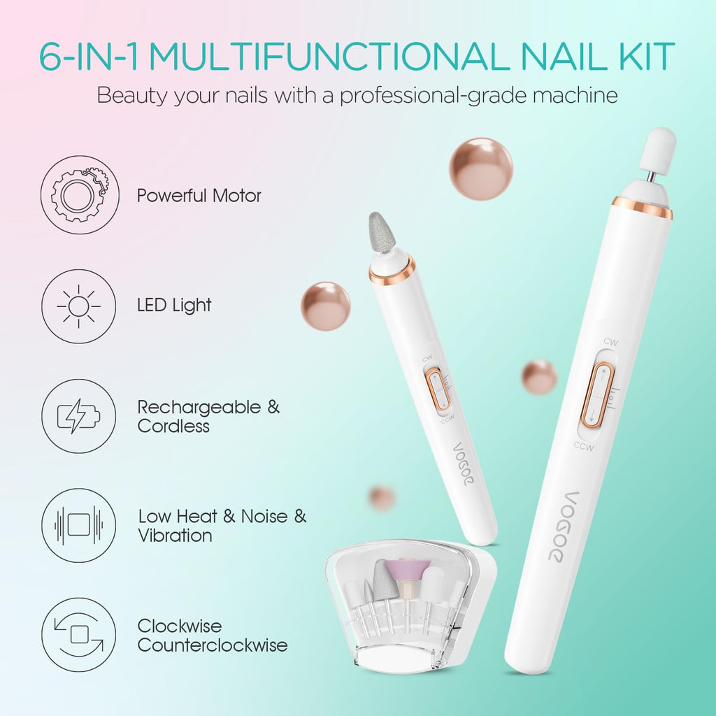 VOGOE Electric Nail Drill, Cordless Nail File Machine Kit 2 Directions & Speeds for Acrylic, Gel Nails, Rechargeable with LED & 6 Nail Drill Bits for Professional Manicure and Pedicure,Gold ND310