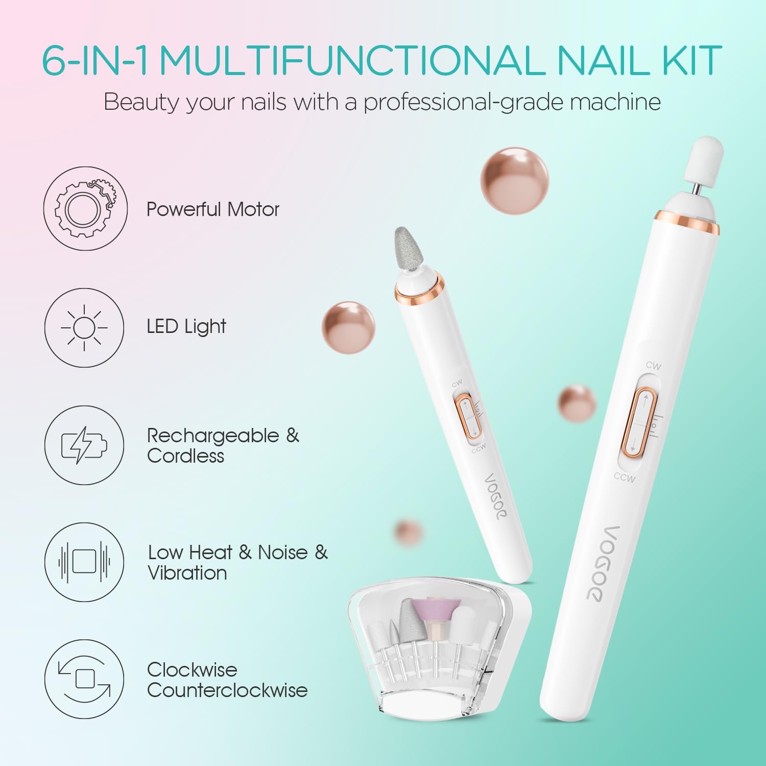 VOGOE Electric Nail Drill, Cordless Nail File Machine Kit 2 Directions & Speeds for Acrylic, Gel Nails, Rechargeable with LED & 6 Nail Drill Bits for Professional Manicure and Pedicure,Gold ND310