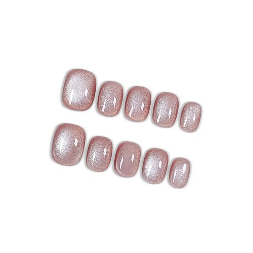 Hantyer Squoval Press On Nails, Handmade Soft Gel Nude Pink Glossy Fake Nails with Iridescent Glitter Sheen, Shimmer Jelly Design Full Cover Reusable False Nails 10PCS Kit (Size S)