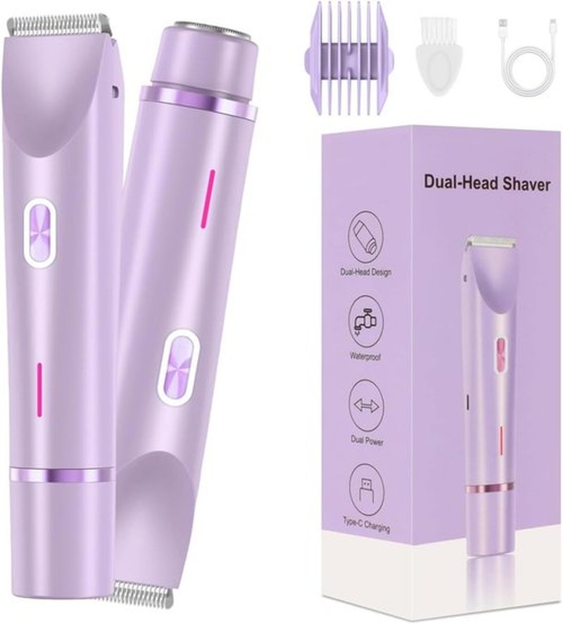 Skiennix Bikini Trimmer - 2-in-1 Dual Head Shaver for Women | Cordless, Waterproof, Painless Hair Removal - Purple