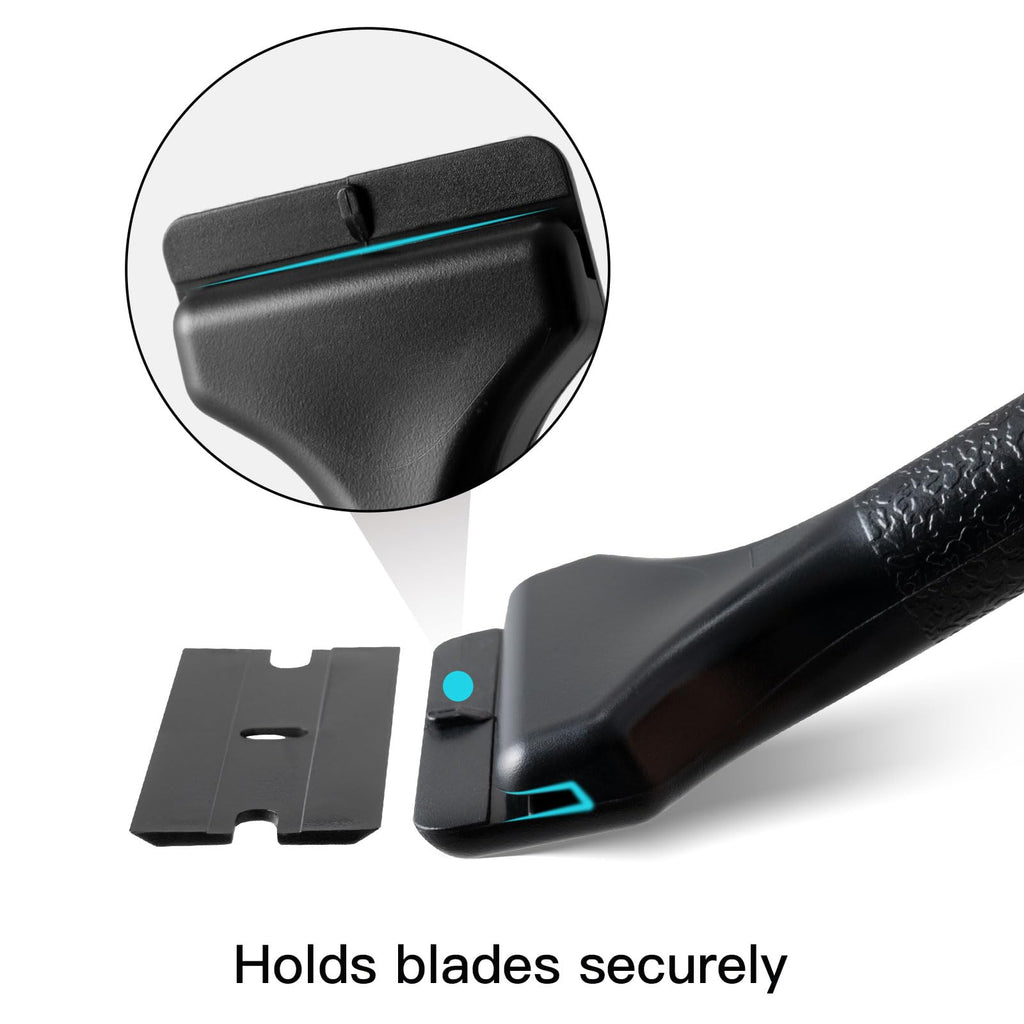NEWISHTOOL 2 Pcs Long Handle Plastic Razor Blade Scraper With 100 PCS Spare Replacement Blades, Sticker Remover Glue Residue Tool for Hard to Reach Corner