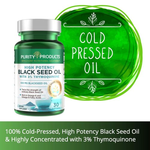 Purity Products High Potency Black Seed Oil - Double Strength + Cold Pressed - 3% Thymoquinone - 500 mg Black Cumin Seed Oil - Omega 6 + 9 Essential Fatty Acids - Easy to Swallow - 30 Mini Softgels