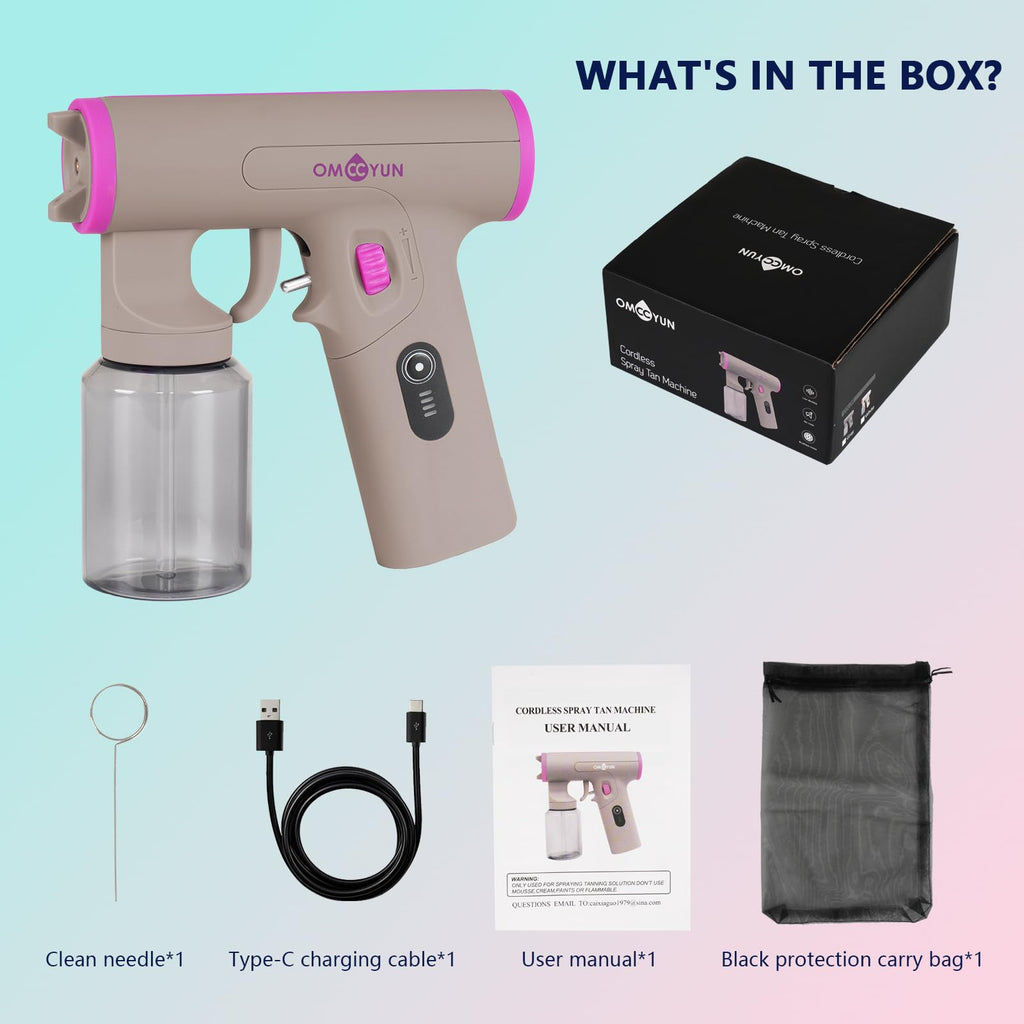 OMCCYUN Cordless Spray Tan Machine-Powerful Brushless Motor With Fluid Control Knob-USB Charger-Portable Handheld Travel Spray Tan Kit For Home Salon DIY Beach Travelling Mobile Use Gray