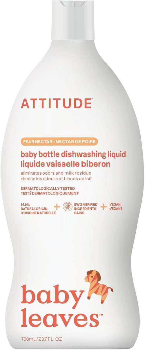 ATTITUDE Baby Bottle & Dish Soap - EWG Verified, Dye-Free Cleaner for Milk Residue & Grease, Vegan, Pear Nectar, 23.7 Fl Oz