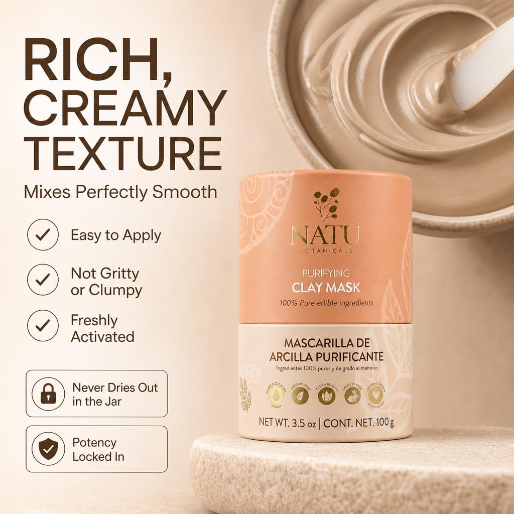 NATÚ BOTANICALS Purifying Bentonite Clay Powder Mask for Face – Deep Pore Cleansing, Oil Control, Helps Tighten, Clarify & Skin Refining Hydrating for Oily, Combination & Sensitive Skin