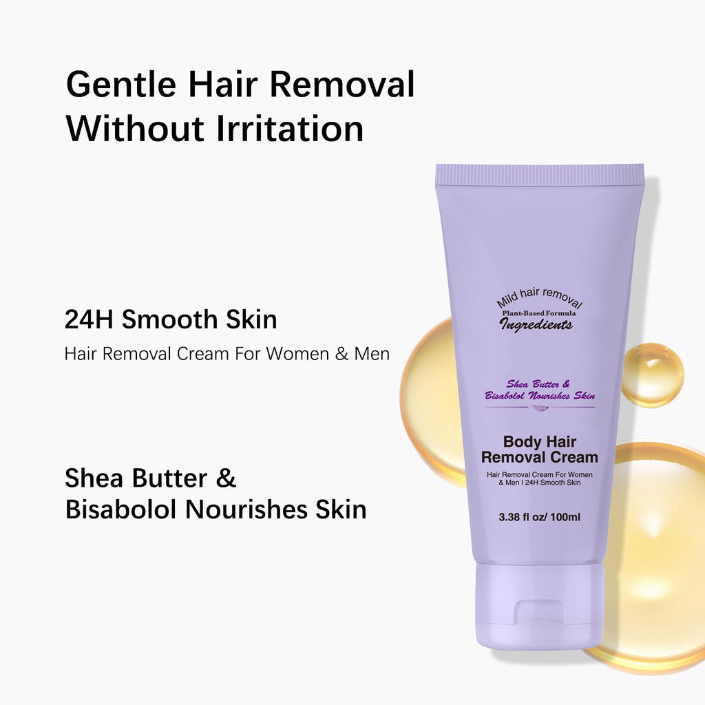 Body Hair Removal Cream 3.38 fl oz, Plant Based Depilatory Cream for Women & Men with Shea Butter and Bisabolol, Gentle Hair Removal for Arms Underarms and Legs