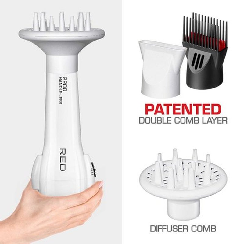 Red by KISS HandleLess Blow Dryer 2200W Ceramic Tourmaline White Color, 3 Heat Settings, Pik and Diffuser Included Comfortable Grip, Ionic for Frizz-Free Shine, Detangler & Straightening