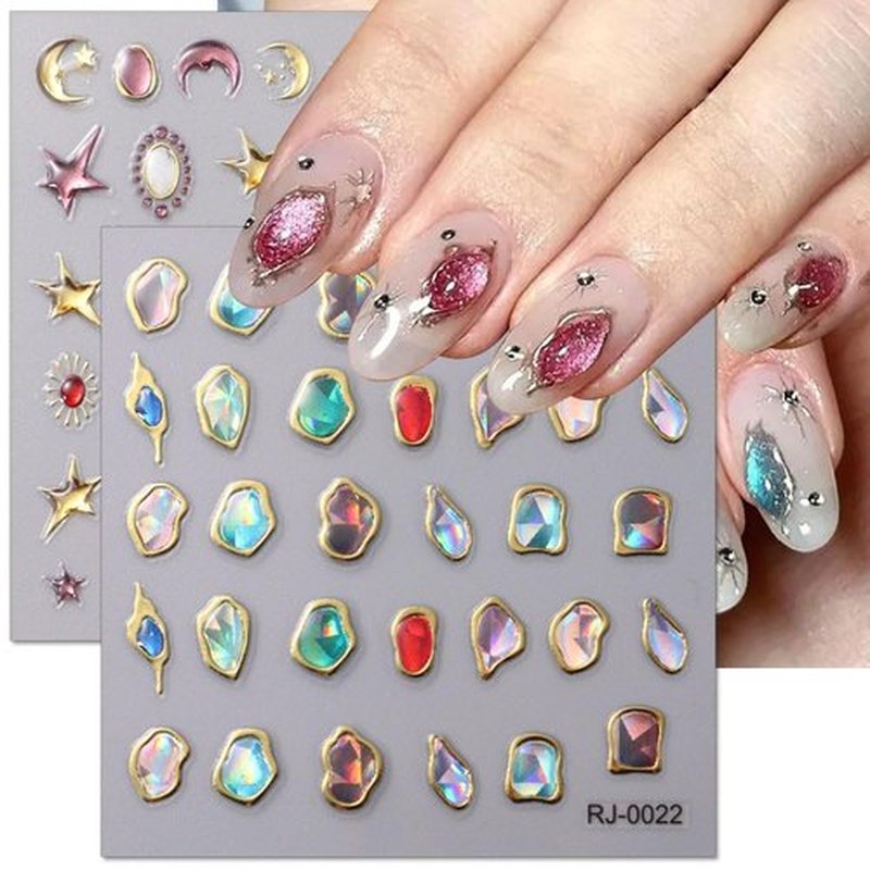 6Sheets 5D Embossed Stickers, Crystal Soft Glue Irregular Gems, Geometric Frame Art Stickers, Jelly Rhinestones Heart Star Decals, Moon Sun Cloud Nail Designs