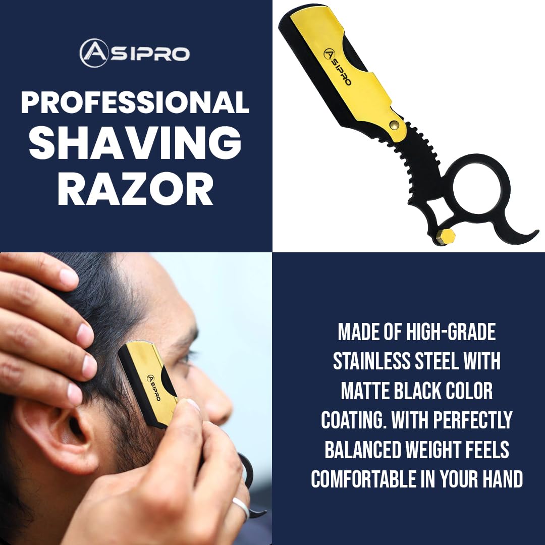 ASIPRO Straight Edge Razor for Mens Straight Razor + 20 Straight Razor Blades Single Blade Razors for Men Navaja para Afeitar para Hombre Barber Razor Ring Razor Single Edge Razor (Black-Gold)