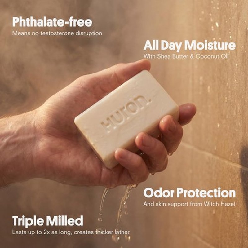 Huron Bar Soap - Hydrating Cleansing Bars with Sandalwood & Amber Scent | Moisturizing Daily Body Care, 5 oz (Pack of 3)