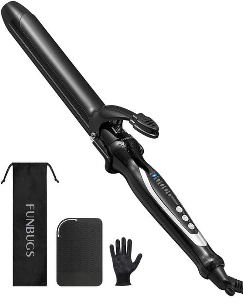 FUNBUGS 1.25'' Double Ceramic Long Barrel Curling Iron - 8'' Extended Wand | 5 Heat Settings | Dual Voltage | Auto Shut-Off | Anti-Slip Styling for Long Hair (Bag, Mat, Glove)