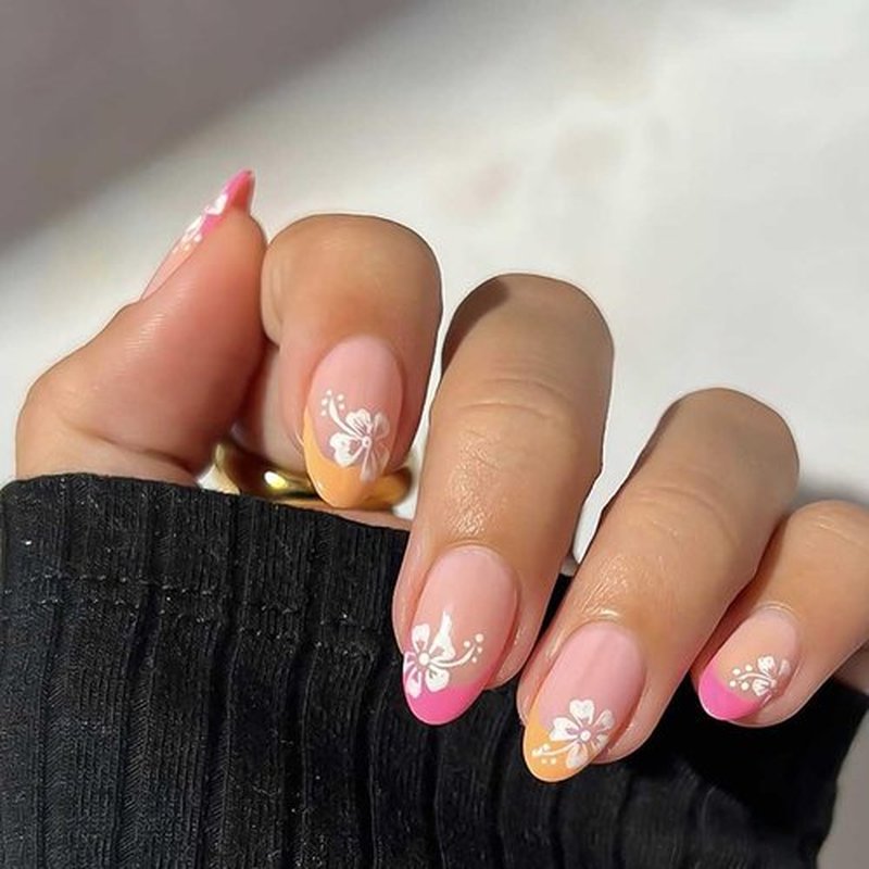 RikView Medium Press On Almond Fake Nails - French Tips with Flowers Design, Pink Glossy Nails - 24 PCs/Set