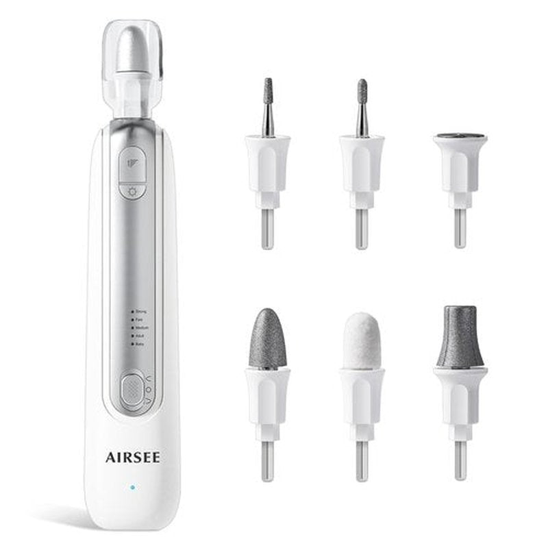 AIRSEE Professional Manicure Pedicure Kit,Cordless 6 in 1 Electric Nail File for feet,5 Speed Rechargeable Pedicure Tools for Thick Nail Toenail Cuticle, Hand Feet Trimmer Buffer for Women Men,White