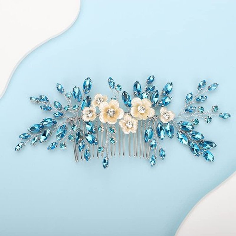 BERYUAN Bridal White Flower Light Blue Crystal Rhinestone Hair Comb for Bride Bridesmaid Sliding side Headpieces Wedding Hair Accessories for Women and Girls (Blue 1)