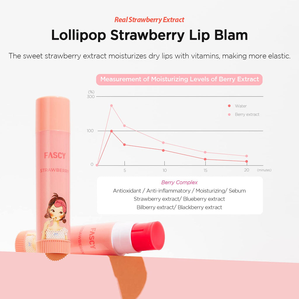 FASCY Lollipop Lip Balm – Lip Balms & Moisturizers, Premium Korean Beeswax + Moisturizing Shea Butter, Natural Soybean, and Vitamin E – Paraben-Free – Small (0.13 oz) (Strawberry)