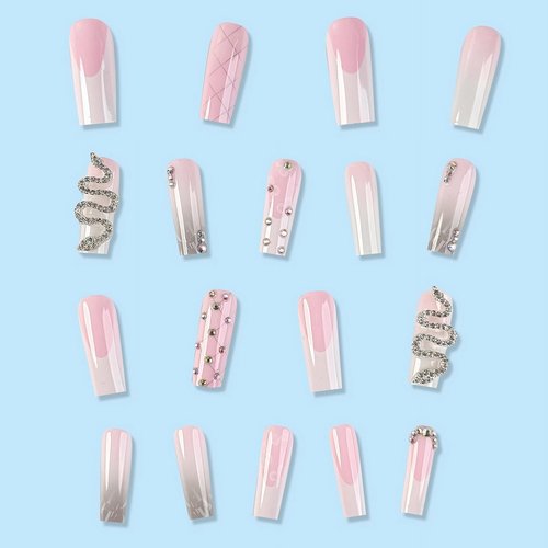 MISUD Press on Nails - Long Square Glue on Nails with French Tip, Acrylic Snake Rhinestone Design 24 pcs