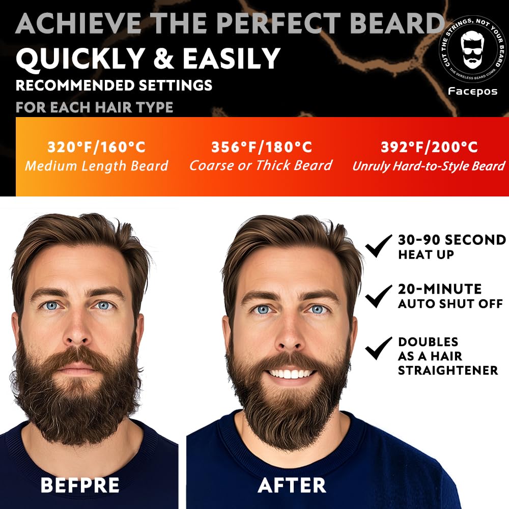 Wireless Electric Heated Beard Straightener Set, Portable Cordless Hair Straightener for Men, Elegant Crackle Pattern Design and Bonus Beard Brush & Wooden Comb for Perfect Grooming