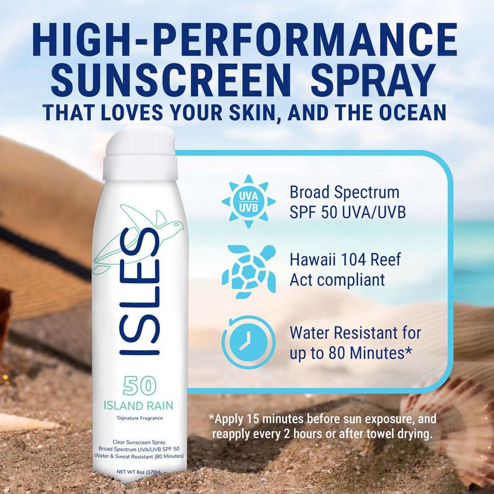 Coral Isles Island Rain Sunscreen Spray SPF 50 - Hawaii Compliant - Oxybenzone & Octinoxate Free - Broad Spectrum - Water Resistant, 6 Fl Oz (Pack of 3)