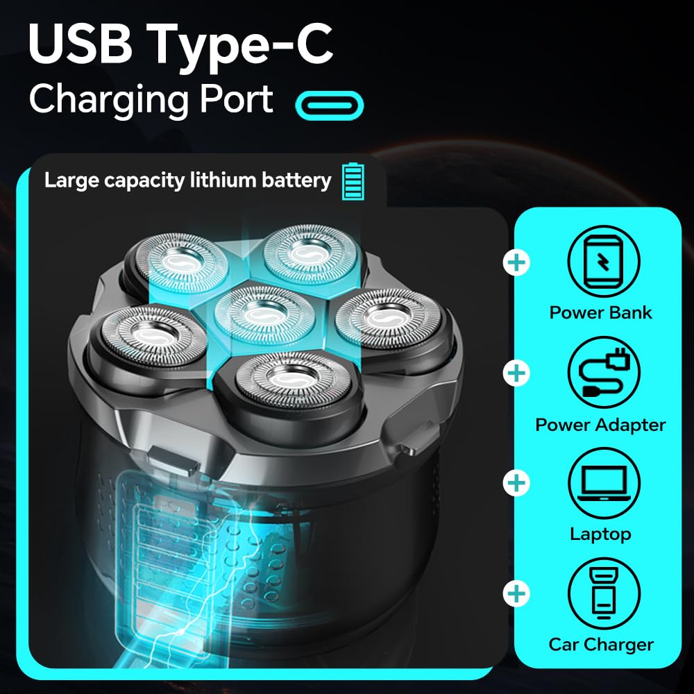 Electric 6D Floating Head Shavers for Bald Men, Magnetic Rotary Shaver for Men Face,Wet Dry IPX6 Men's Razor, LED Display Rechargeable with USB-C Charge
