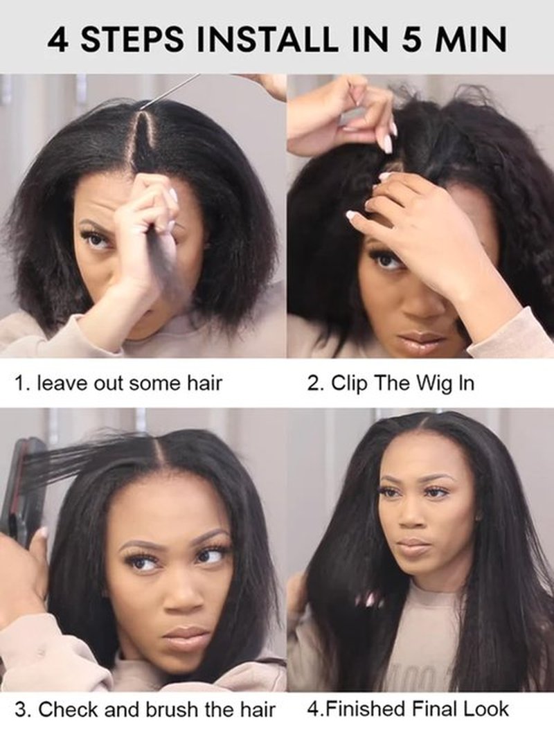 Enivuoso Yaki Straight V Part Wig Afro Kinky Straight Half Wig 180% Density Wear and Go Glueless Synthetic Half Wigs for Black Women, Synthetic No Leave out Clip in (#1B Black, 20 Inch)