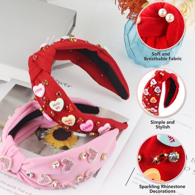 Gosuoa Valentine's Day Headband for Women,knotted Headband for Women,Red Pink Jeweled Rhinestone Crystal Top Knot Headband Valentine’s Day Hair Accessories for Girls Women