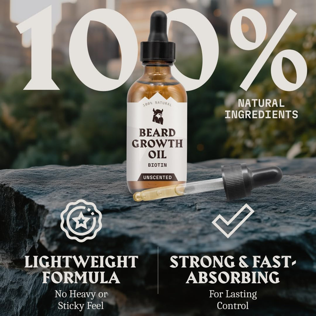 Striking Viking Beard Growth Oil with Biotin - 2 Fl Oz, Unscented - Thickening, Conditioning Biotin Beard Growth Serum for Men with Argan & Jojoba Oil - Facial Hair Serum for Men