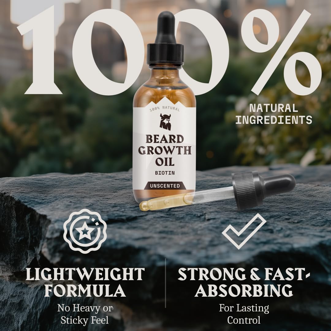 Striking Viking Beard Growth Oil with Biotin - 2 Fl Oz, Unscented - Thickening, Conditioning Biotin Beard Growth Serum for Men with Argan & Jojoba Oil - Facial Hair Serum for Men