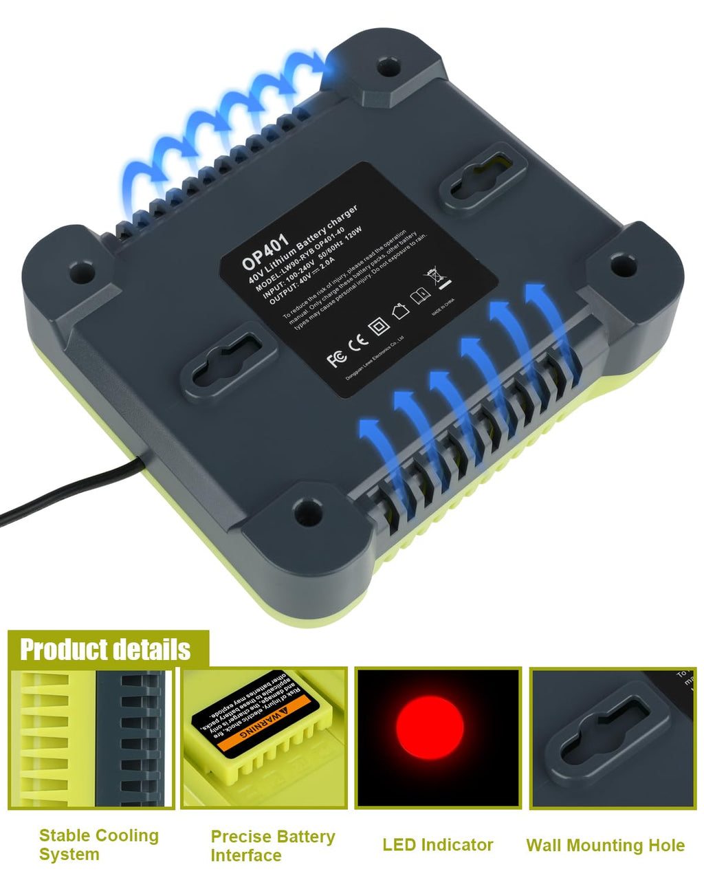 KUNLUN OP401 40-Volt Battery Lithium-Ion Charger for Ryobi 40V OP4050A OP4026 OP40601 OP4040 OP4030 OP4015 OP40201 Li-ion Battery with LED Indicator(40V Batteries Not Included)