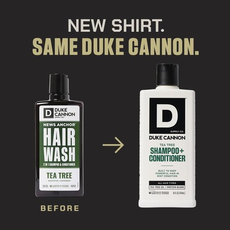 Duke Cannon Supply Co. 2-in-1 Hair Wash - Masculine Scent - Gentle Cleansing Hair Wash For Men - Stimulating Hair Shampoo & Conditioner - Strengthens Hair - Tea Tree - 2 Pack (14 oz)