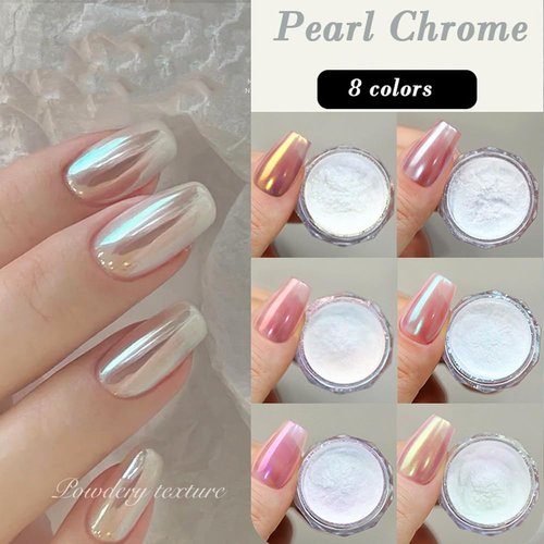 Pretty Diva 8 Colors Iridescent Pearl Chrome Nail Powder, Aurora Pearl Nails Chrome White Pearl Chrome Powder for Nails Metallic Manicure Pigment