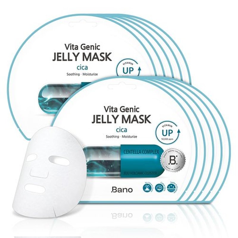 Bano Vita Genic Jelly Face CICA Mask 10EA – Soothing & Hydrating Sheet Mask for Sensitive Skin, Korean Glass Skin Care with Centella, Vitamin C, Biotin & Niacinamide, Fragrance-Free