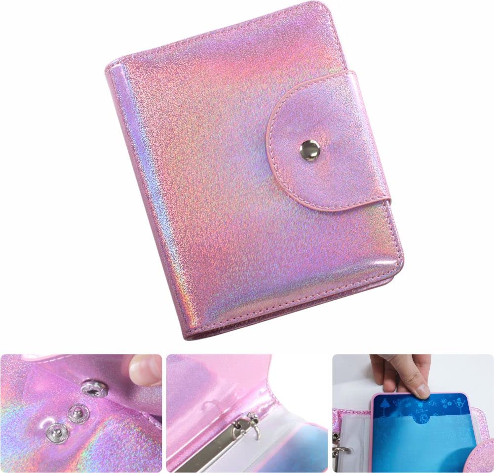 VNC 20 Slots Nail Art Stamp Plate Holder Stamping Plates Storage Bag Cases Rainbow Replaceable XL Plates Big Size 9.5x14.5CM Organizers (C-Pink)