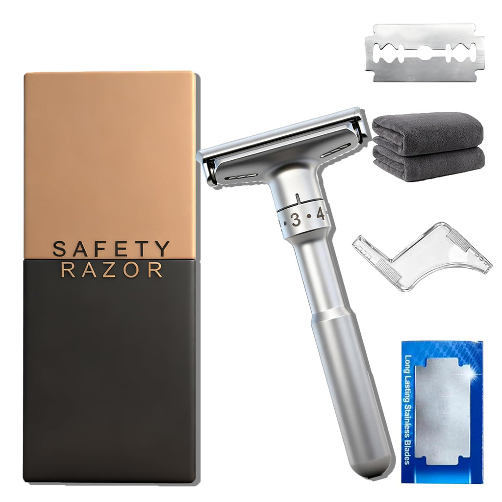 Travel Double Edge Safety Razor, Classic Safety Shaver Razor with Long Handle Adjustable (Razor with Beard Shaping Tool and Hot Compress Shaving Towel)