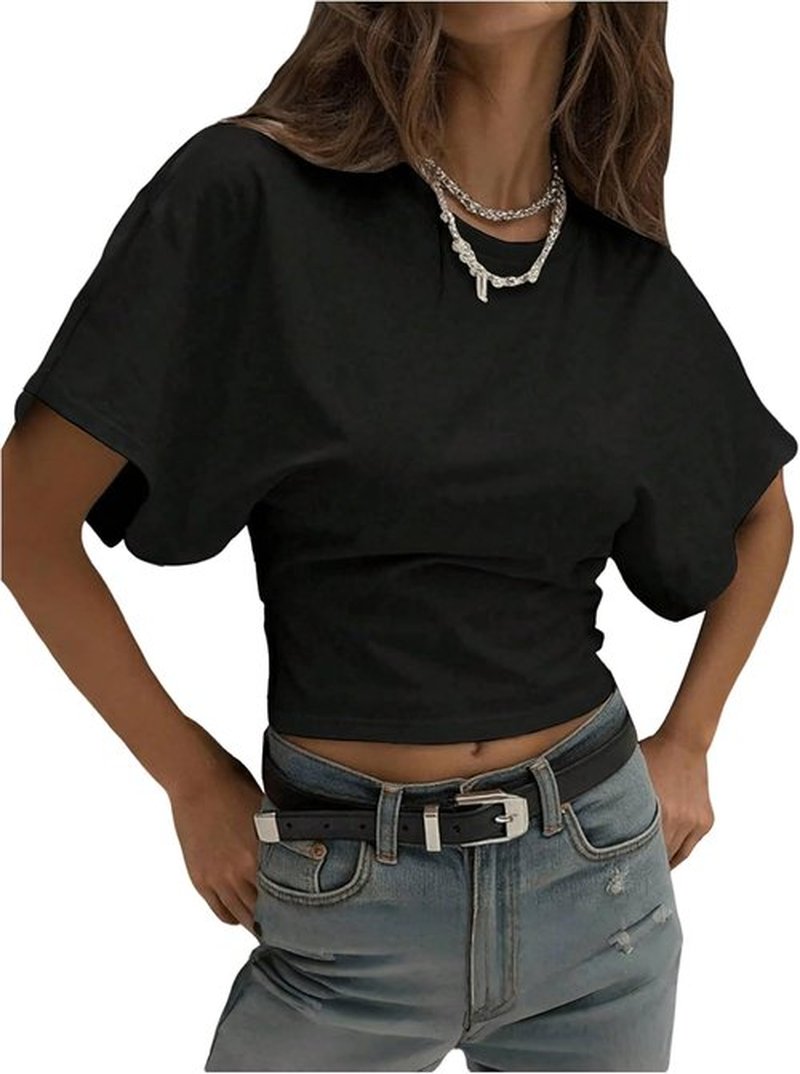 GORGLITTER Women's Cinched Waist Top - Short Sleeve Dolman Shirt for Going Out | Stylish Crewneck Design